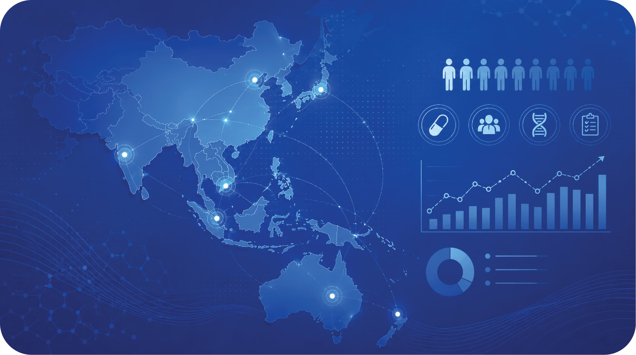 Digital map highlighting the Asia-Pacific region with connected clinical trial sites, patient icons, medical symbols, and data charts showing APAC clinical trial recruitment and diversity insights.